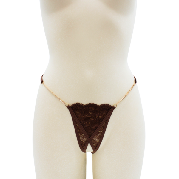 String en dentelle marron ouvert avec chaînes dorées 